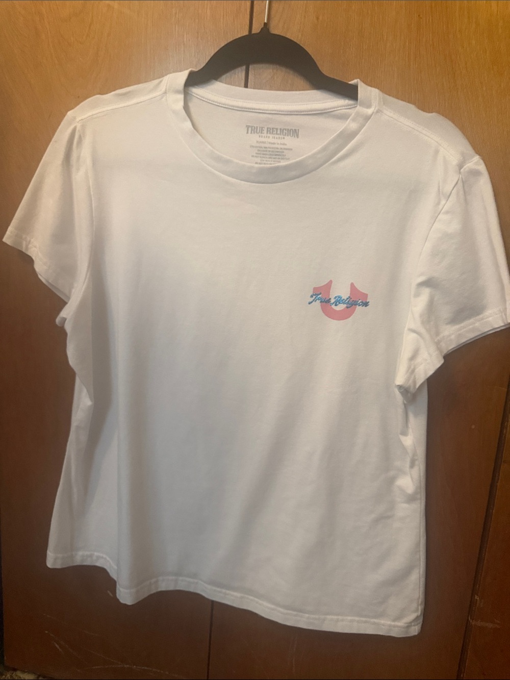 True Religion White Tee with Pink and Light Blue Logo
